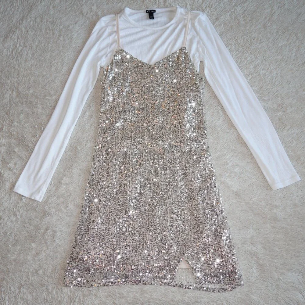 Girls Size 10/12 Art Class Sequin Sparkle Neutral Cream Beige Dress with Shirt